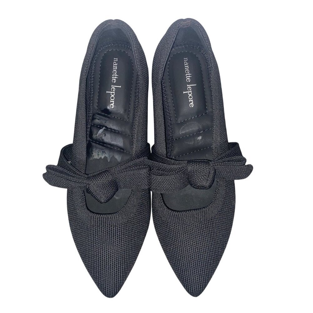 Nanette Lepore knit maryjane Black Pointed Toe Flats shoes Bow Detail 7.5